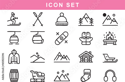 Winter Sports and Mountain Icons skiing ski poles, skiing, ski poles, beanie, mountains, sun, cable car, snowboard, mittens, campfire, jacket, sled, cabin, barrel, headphones, winter, snow, outdoor, a