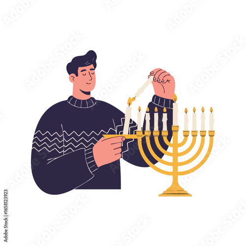A young man in a dark sweater lighting the candles of a golden Hanukkah menorah for the Jewish holiday celebration.