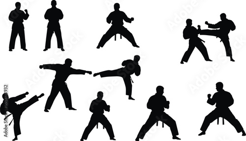 Silhouettes of martial artists in action poses, kicking, punching, stances, black isolated figures, combat training, discipline, self-defense, technique