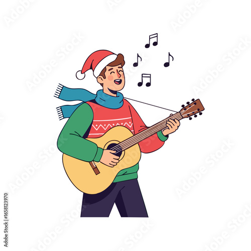 A happy young man in a Santa hat and sweater singing Christmas carols while playing an acoustic guitar.