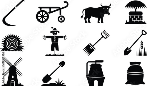 Collection of black silhouette icons representing farming and agriculture