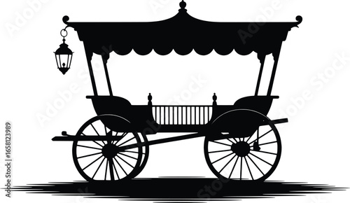 Silhouette of an ornate vintage horse drawn carriage with a canopy and lantern