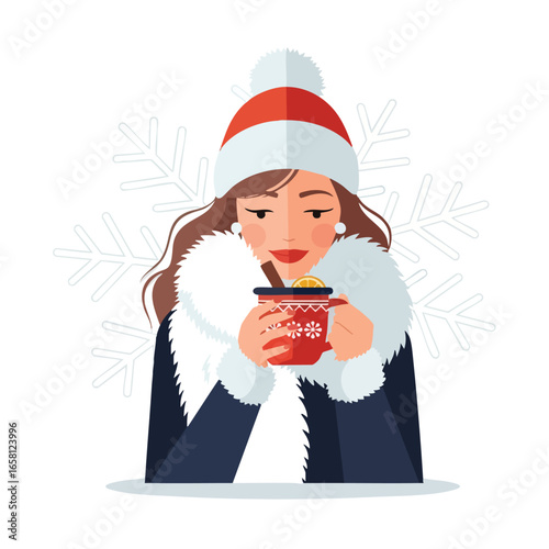 Stylish woman in a red pom-pom hat and fur coat holding a mug of hot mulled wine.