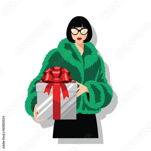 Stylish woman in a green fur coat and sunglasses holding a silver gift box with a red bow.