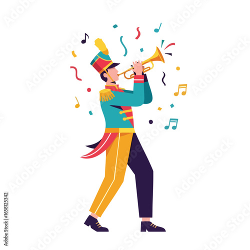 A marching band musician in a colorful uniform playing the trumpet surrounded by confetti and musical notes.