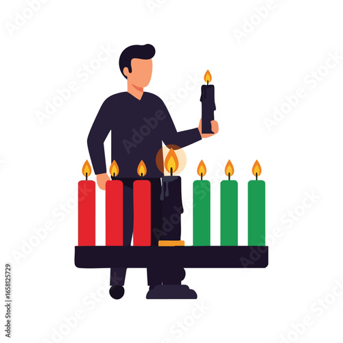 A man lighting the candles on a Kinara for the Kwanzaa holiday celebration.