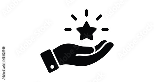 hand holding star icon in black silhouette style, symbol of reward, achievement, support, or quality service, isolated on white background