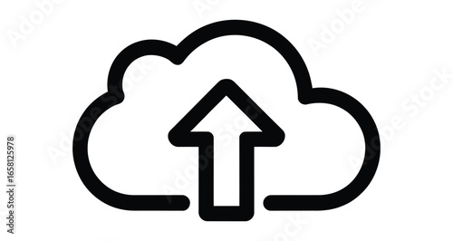 cloud upload icon in black outline style, isolated on white background, symbol of data transfer, cloud computing, and digital storage