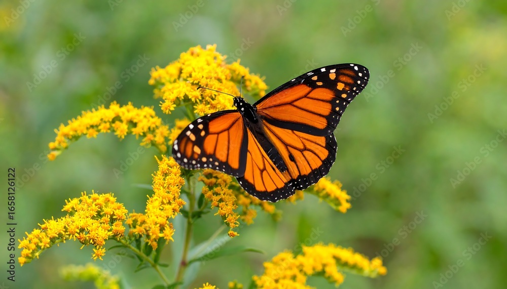 Naklejka premium Monarch Butterfly Resting on Goldenrod Flowers with Open Wings, Nature's Beauty