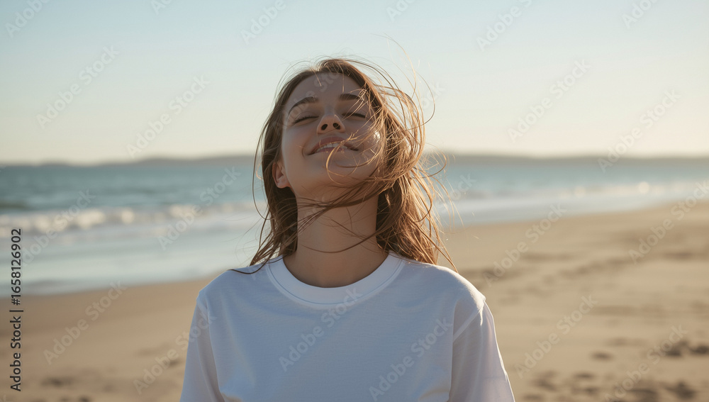 A blissful Caucasian woman with wind-swept hair standing contentedly on a sunny beach A blissful Caucasian woman with wind-swept hair standing contentedly on a sunny beach