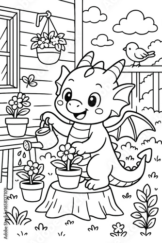Adorable baby dragon watering flowers in a garden coloring page design