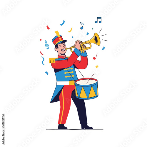 Cheerful marching band musician in a colorful uniform playing a trumpet with a drum.