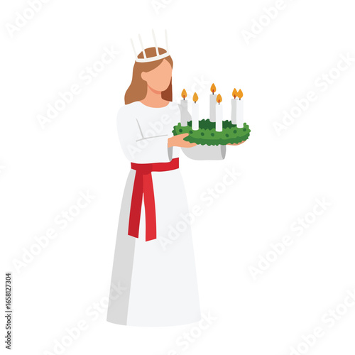 Flat vector illustration of a woman in a Saint Lucia costume with a candle crown and wreath.