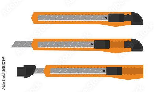 Retractable utility knife set. Orange utility knives showing different blade extension stages. Vector illustration for safety manuals, tool catalogs, DIY guides, and instructional design