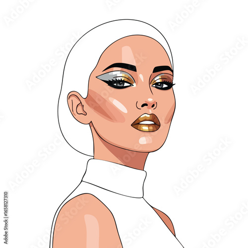 Vector portrait of a stylish woman with futuristic metallic gold and silver makeup.
