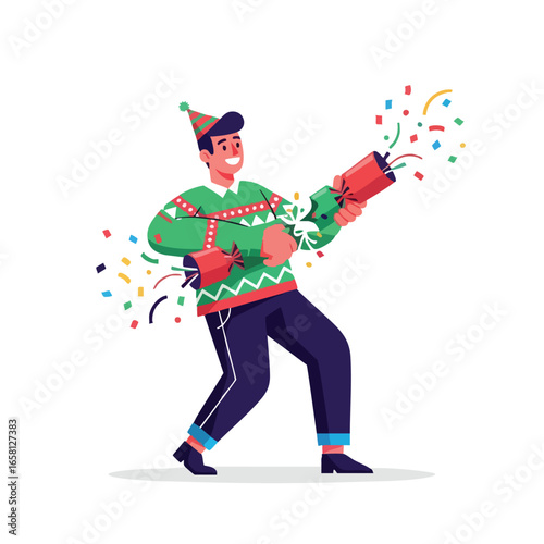 Cheerful man in a festive Christmas sweater pulling a large exploding party cracker.