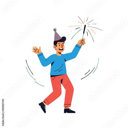 Happy cartoon man in a party hat dancing and holding a lit sparkler.