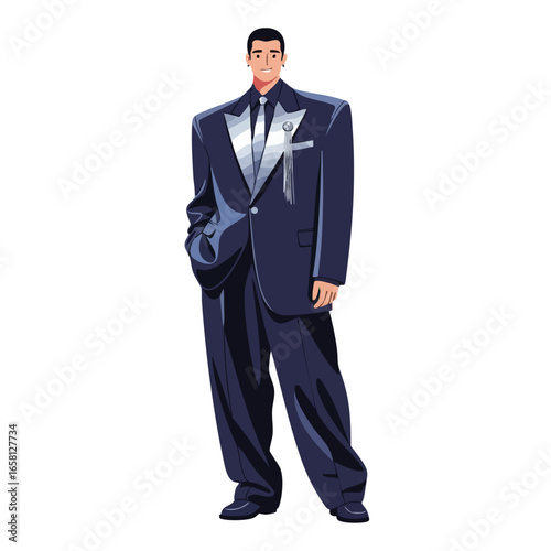 A stylishly illustrated man wearing an oversized dark blue suit with a silver lapel pin.