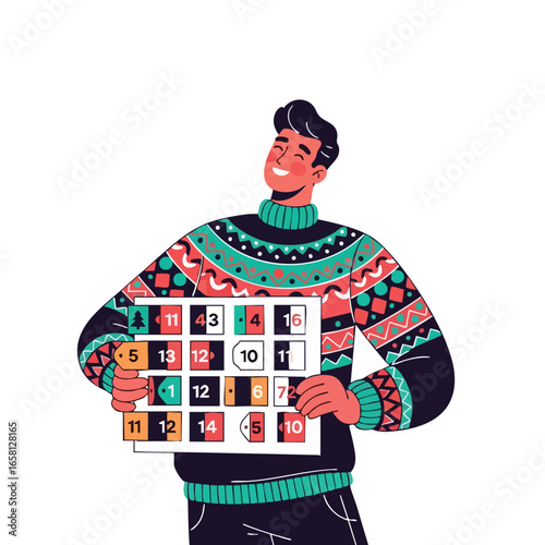 A happy man in a colorful ugly Christmas sweater holding a lottery or bingo card.