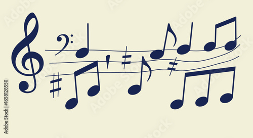 Elegant musical notes on staff with treble and bass clefs in flat design
