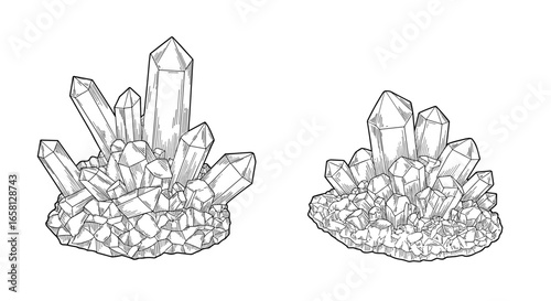 Hand-drawn crystal clusters: intricate black and white designs