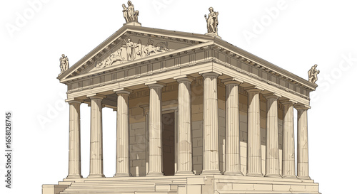 Detailed classical greek temple with columns and sculptures