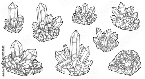 Intricate crystal cluster illustrations in detailed linear style