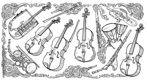 Ornate musical instruments in detailed black and white sketch