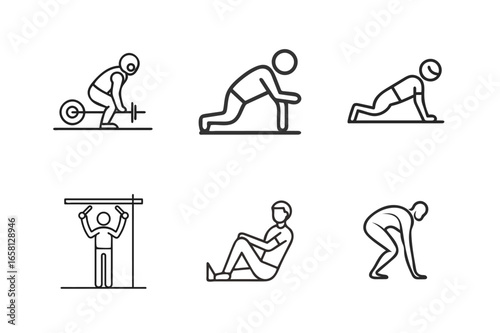 Minimalist Fitness and Gym Exercise Outline Vector Icon Set Including deadlift, plank, pull-up, push-up, sit-up and stretching 