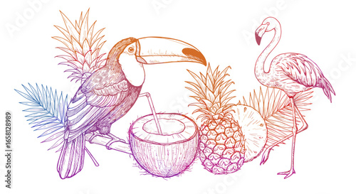 Tropical birds and fruits in colorful outline with toucan, flamingo, pineapple, coconut