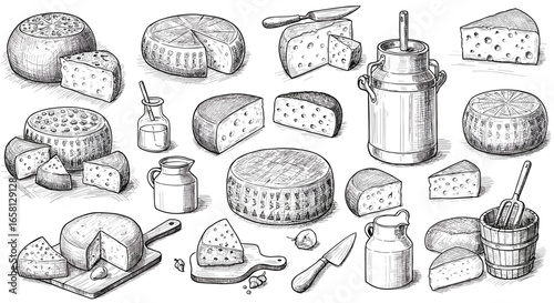 Variety of handdrawn cheese with utensils and milk can in black and white sketch style