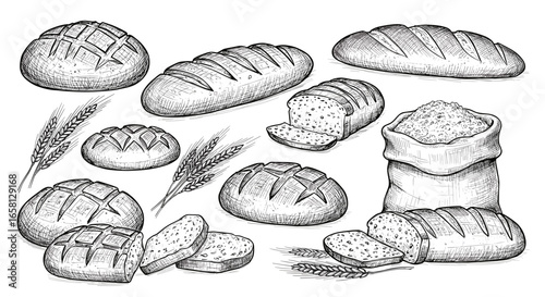 Hand drawn bread and grains collection with sketch style illustrations