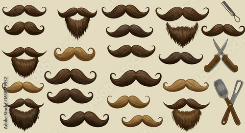 Diverse set of retro mustaches and beards with grooming tools on neutral background