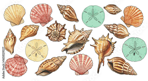 Detailed hand-drawn seashell collection on white background