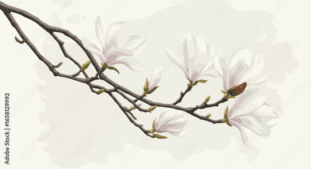 Fototapeta premium Delicate watercolor magnolia blossoms on branch with soft background