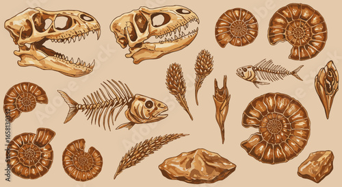 Vintage fossil collection with dinosaur skulls and fish skeletons on beige background