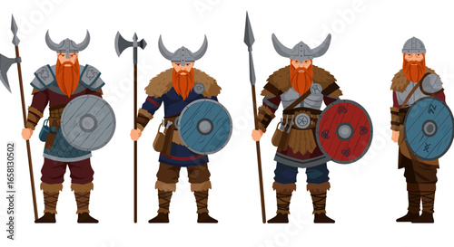 Fierce viking warriors in traditional armor with weaponry standing proudly