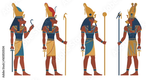 Ancient egyptian deities in stylized profile illustrations for cultural history