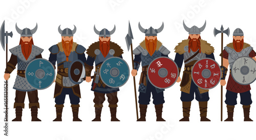 Group of norse warriors in traditional attire holding axes and shields