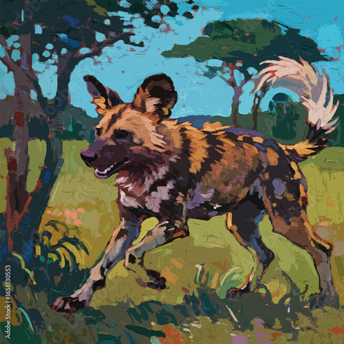 Wild African Dog Running in Forest Background Template