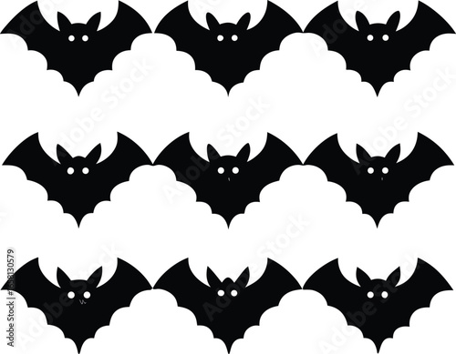 A Spooky Halloween Pattern of Nine Black Bats with Glowing White Eyes on a White Background
