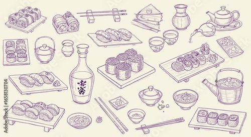 Hand drawn japanese cuisine elements with sushi, tea sets, and traditional tableware
