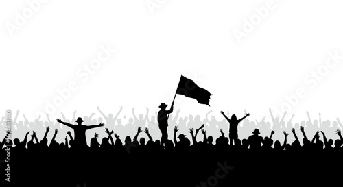 Silhouette crowd cheering with flag against white background