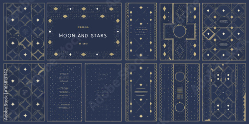 Art Deco Celestial Patterns Gold Stars Moon Geometric Navy Blue Background vector illustration