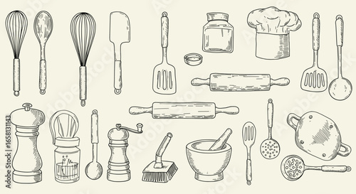 Hand-drawn kitchen utensils collection featuring whisks, rolling pins, and mortar