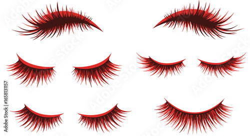 Collection of dramatic red false eyelashes in various styles on white background