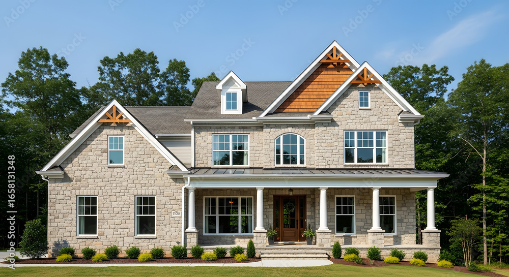 Beautiful new construction house with brick facade and manicured lawn Beautiful new construction house with brick facade and manicured lawn