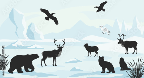 Wildlife silhouettes in arctic landscape with icebergs and snowy owl