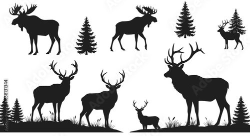 Majestic moose and elk silhouettes amidst pine trees