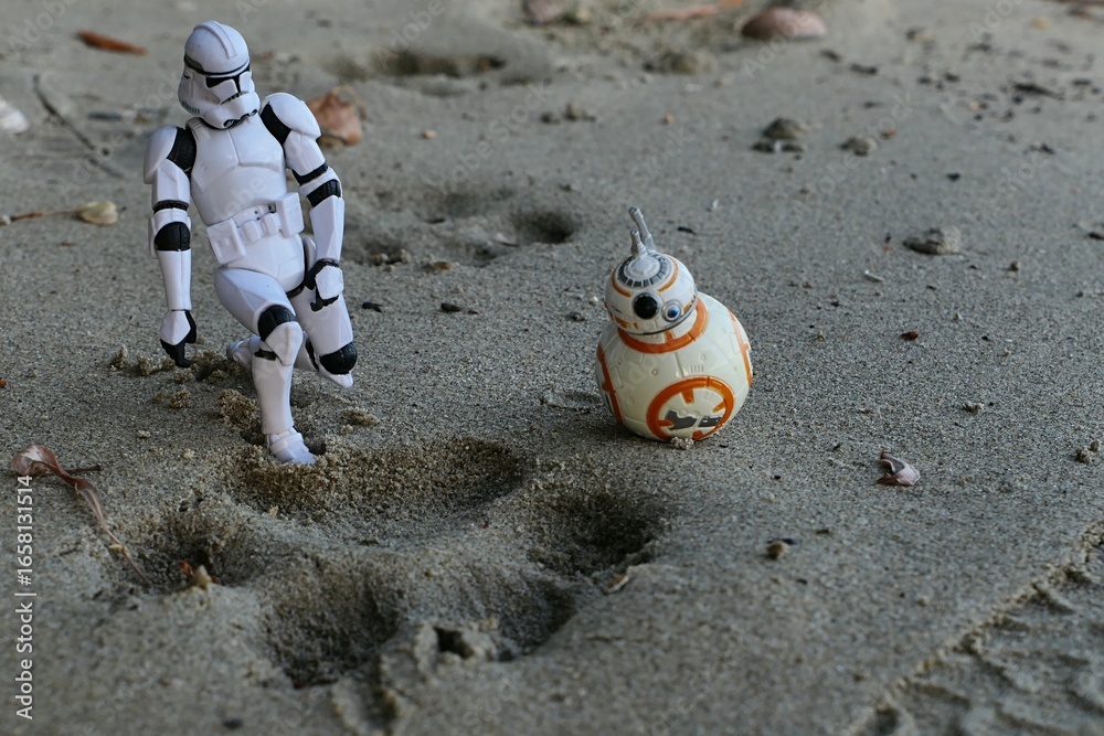 Fototapeta premium Star Wars model of Clone Trooper with astromech ball shaped droid BB-8 examining track of huge dog in wet sand on bank of Danuber river, southern Slovakia.